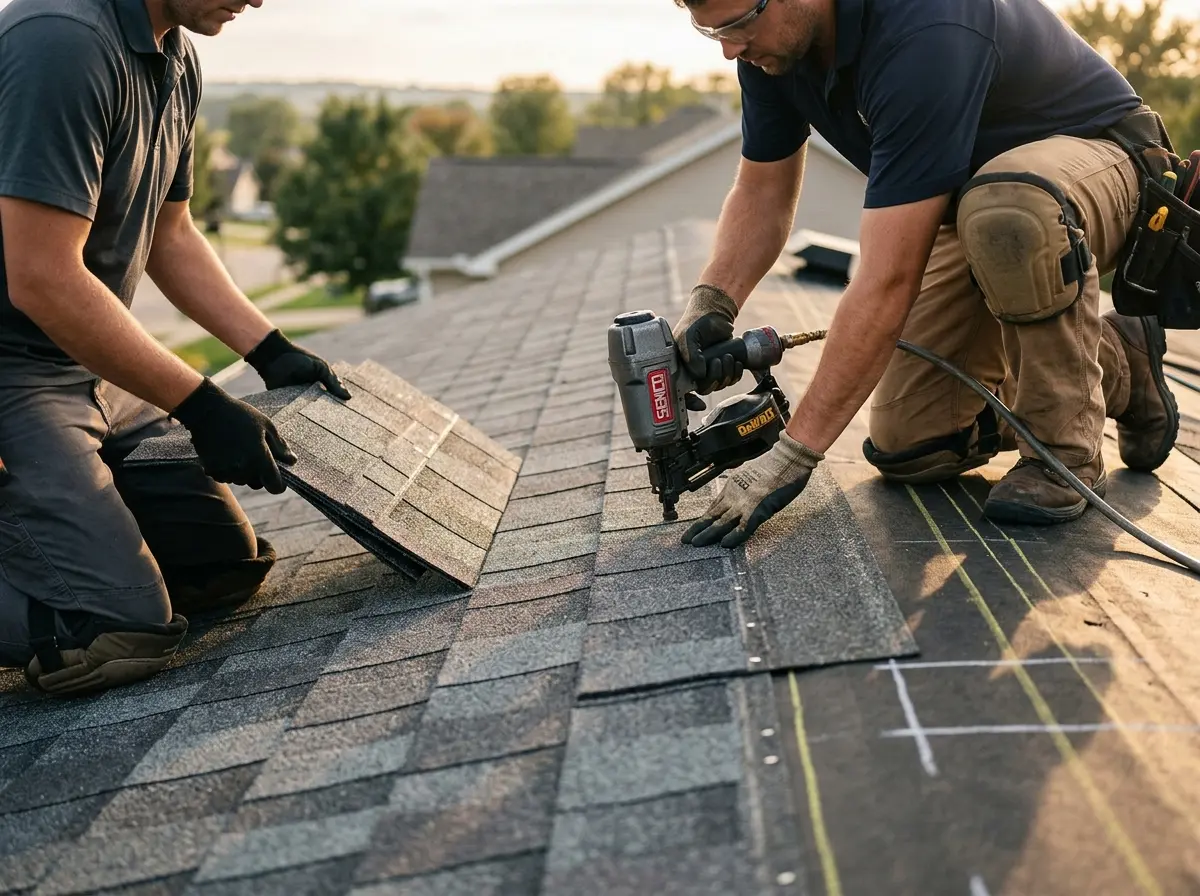 Professional roofer working on a residential roof in Rexburg
